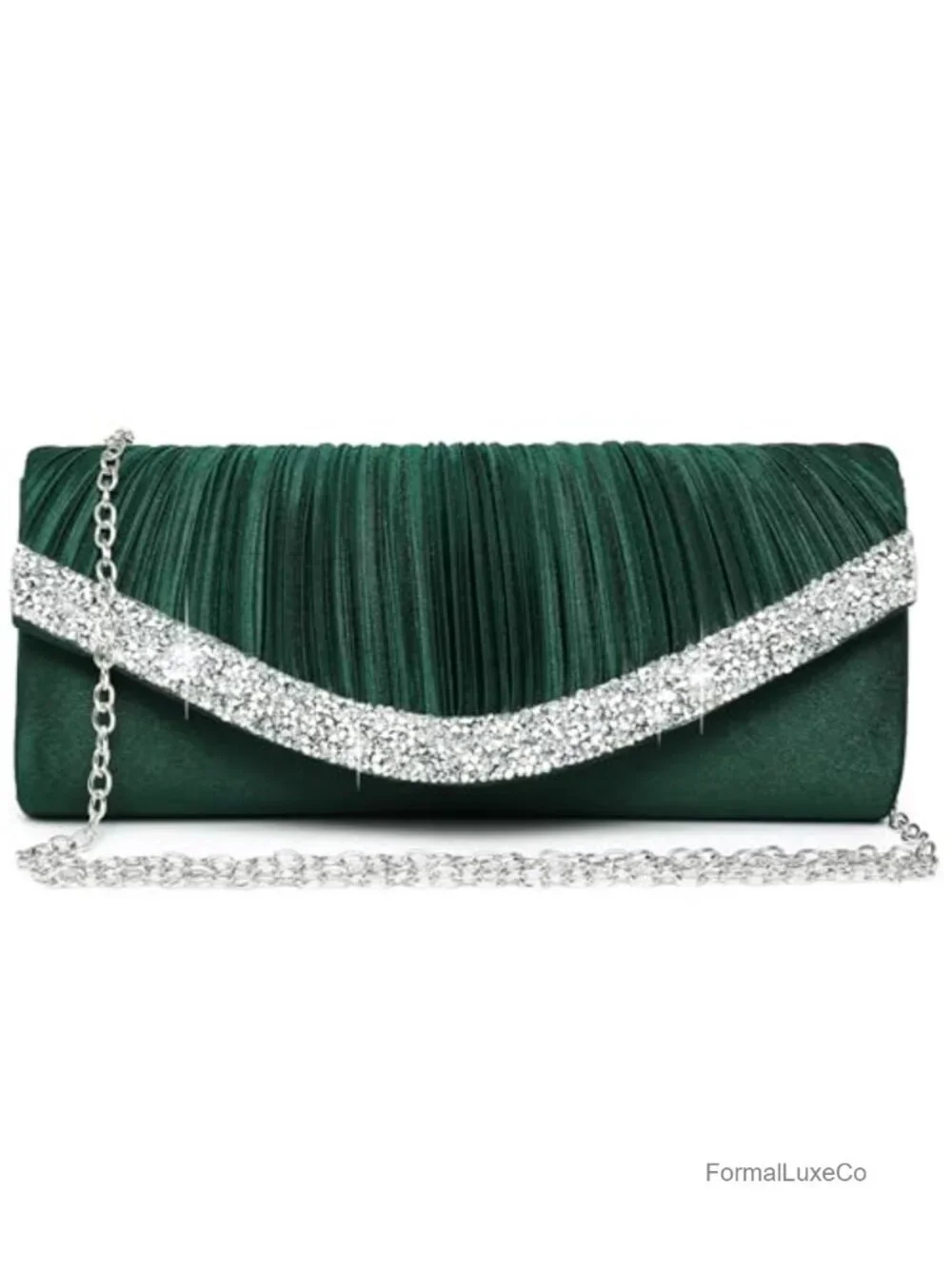 Satin Evening Clutch with Rhinestone Trim Detachable Chain Strap